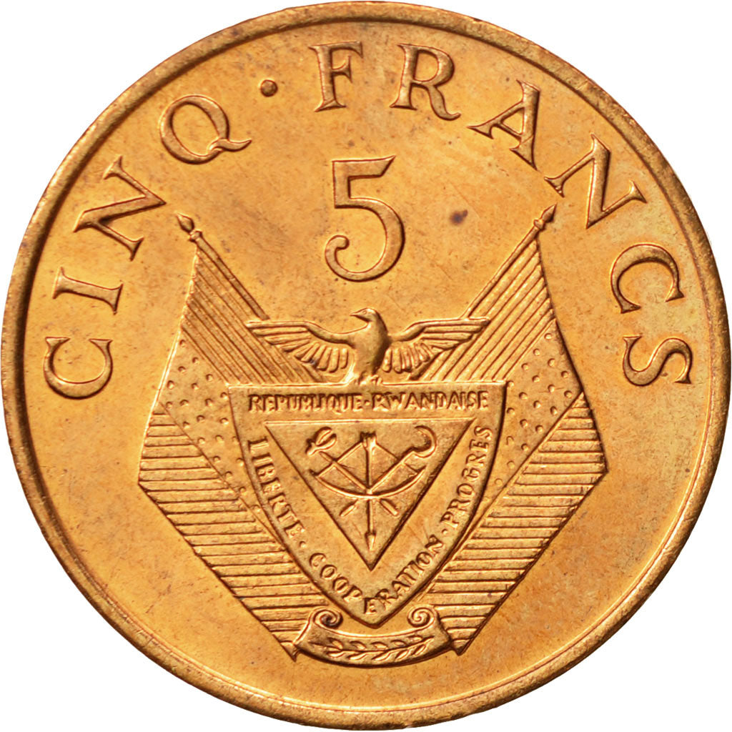 Rwanda, 5 Francs, 1987, British Royal Mint, AU(55-58), Bronze, KM:13