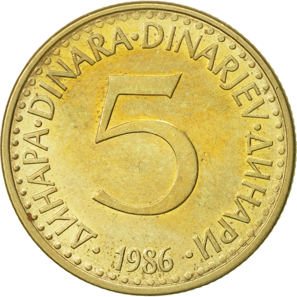 Moneta, Iugoslavia, 5 Dinara, 1986, SPL-, Nichel-ottone, KM:88