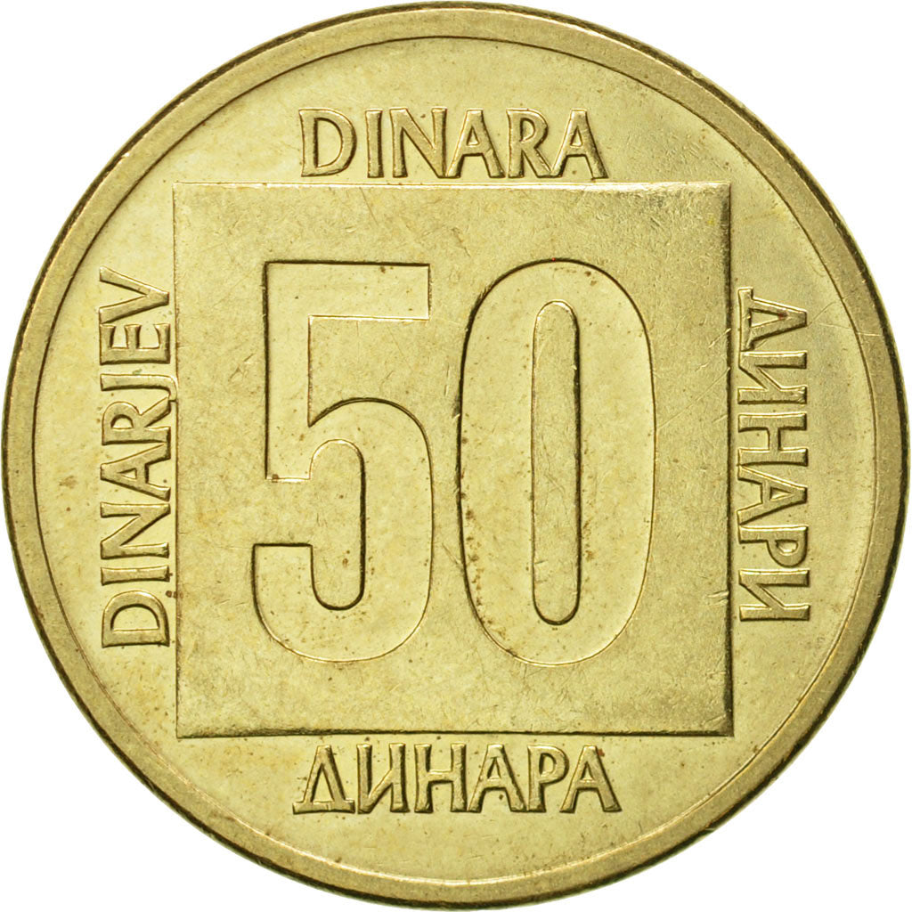 Yugoslavia, 50 Dinara, 1988, AU(55-58), Brass, KM:133