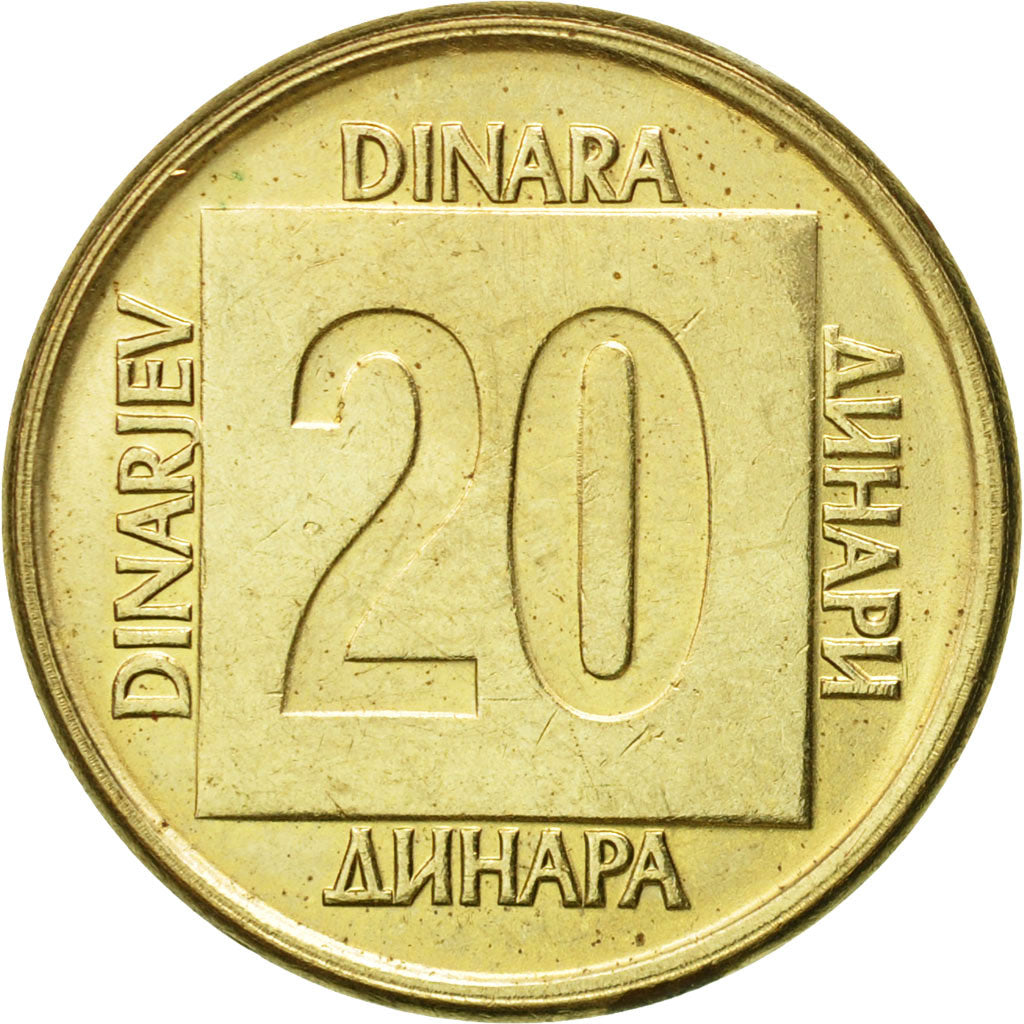 Yugoslavia, 20 Dinara, 1989, AU(55-58), Brass, KM:132
