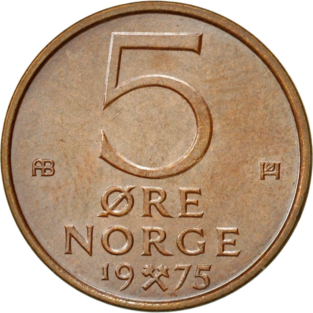 Coin, Norway, Olav V, 5 Öre, 1975, MS(60-62), Bronze, KM:415