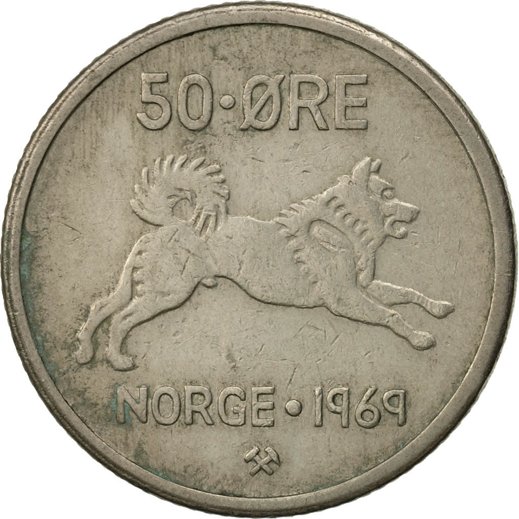 Coin, Norway, Olav V, 50 Öre, 1969, EF(40-45), Copper-nickel, KM:408