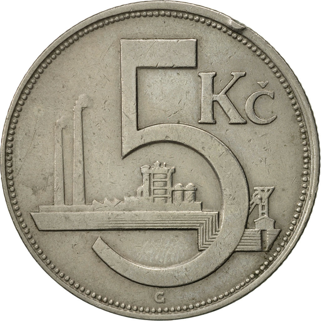Czechoslovakia, 5 Korun, 1926, AU(50-53), Copper-nickel, KM:10