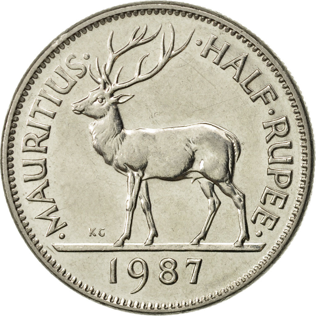 Coin, Mauritius, 1/2 Rupee, 1987, AU(55-58), Nickel plated steel, KM:54