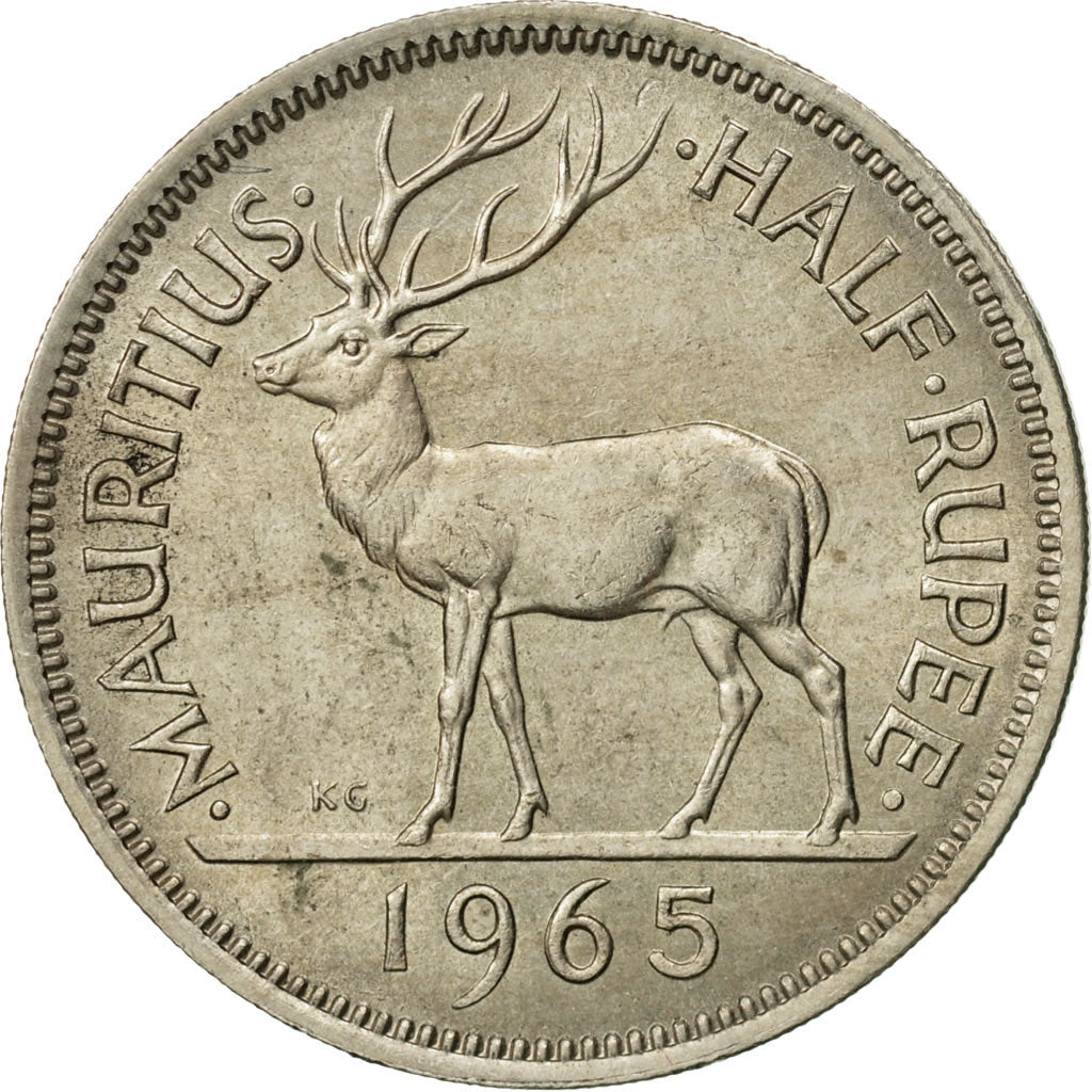 Mauritius, Elizabeth II, 1/2 Rupee, 1965, AU(50-53), Copper-nickel, KM:37.1
