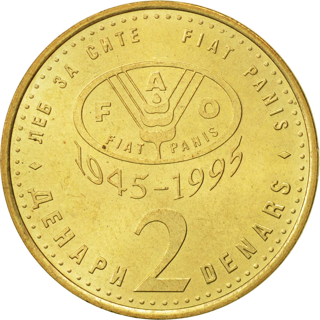 Coin, Macedonia, 2 Denari, 1995, AU(55-58), Brass, KM:6