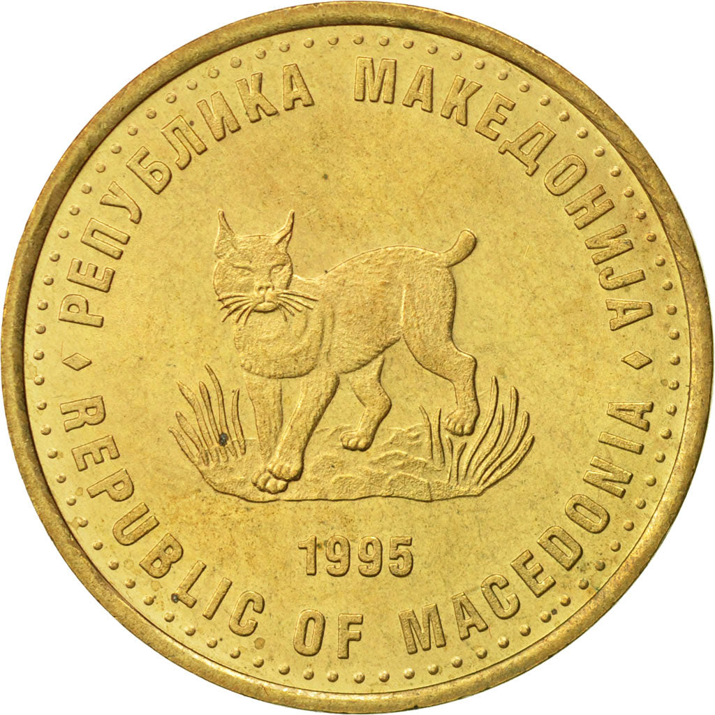 Coin, Macedonia, 5 Denari, 1995, AU(55-58), Brass, KM:7