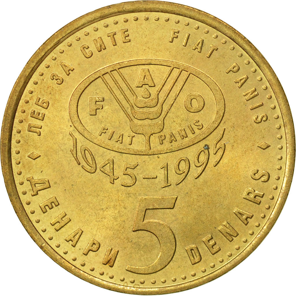 Coin, Macedonia, 5 Denari, 1995, AU(55-58), Brass, KM:7
