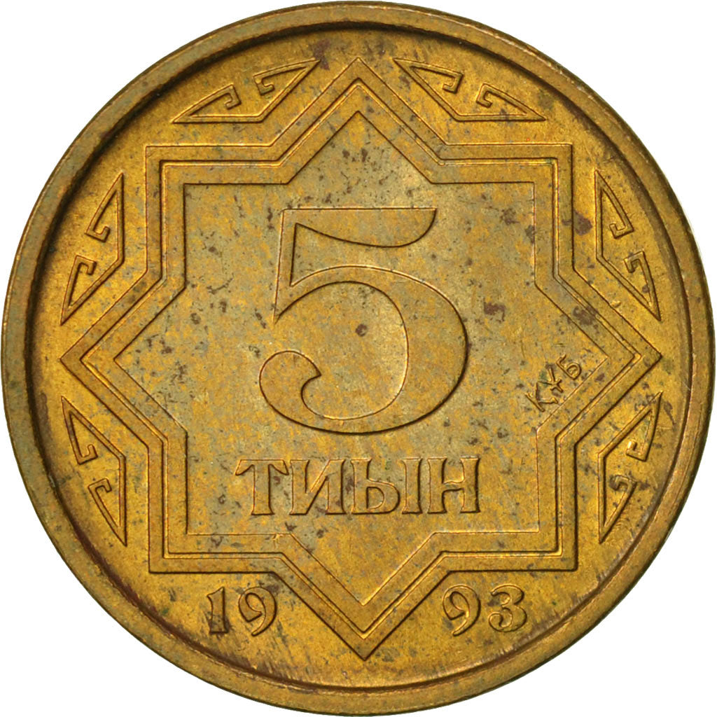 Kazakhstan, 5 Tyin, 1993, AU(55-58), Copper Clad Brass, KM:2a