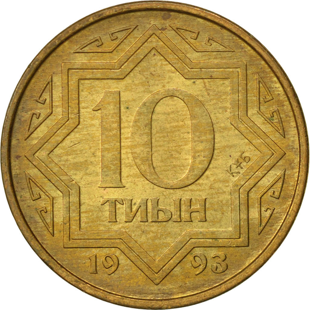 Kazakhstan, 10 Tyin, 1993, AU(55-58), Copper Clad Brass, KM:3a