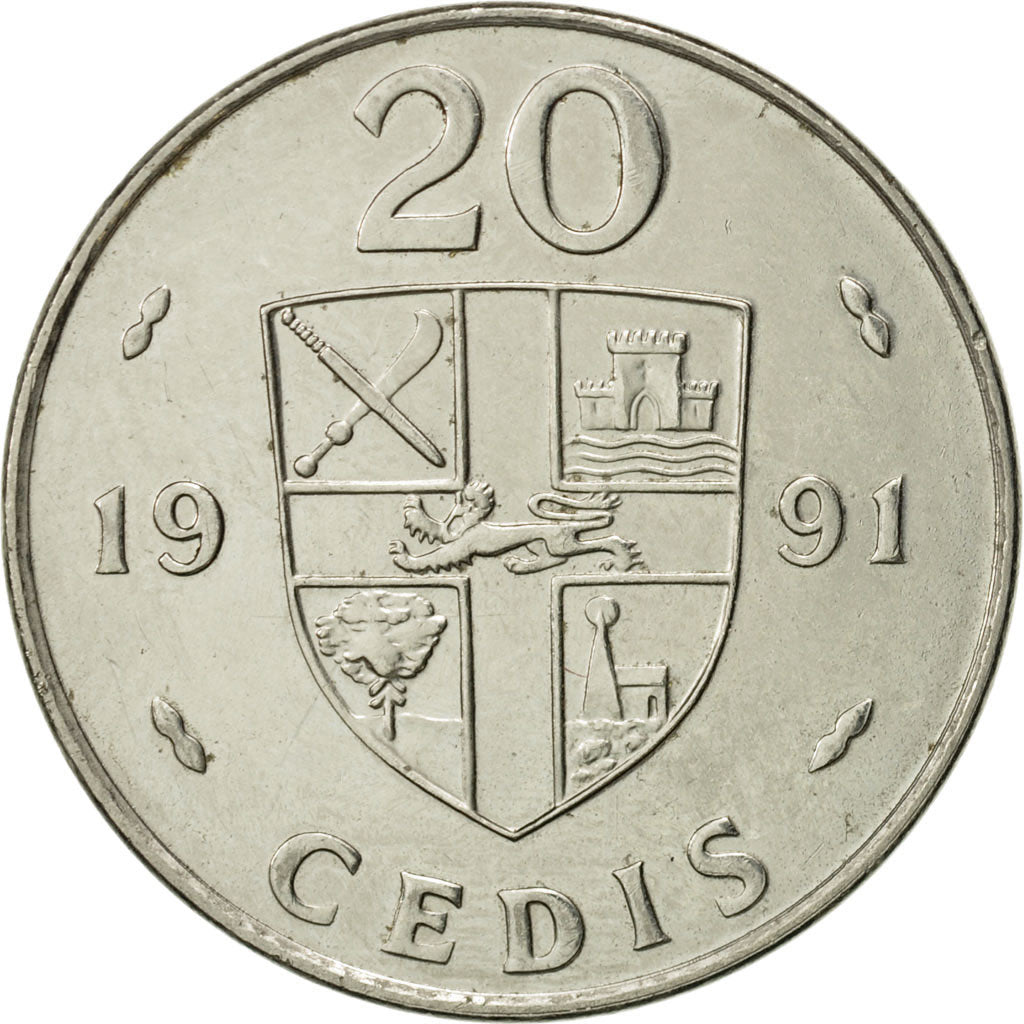Moneda, Ghana, 20 Cedis, 1991, EBC, Níquel recubierto de acero, KM:30