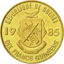 Moneta, Guinea, 10 Francs, 1985, SPL-, Acciaio ricoperto in ottone, KM:52