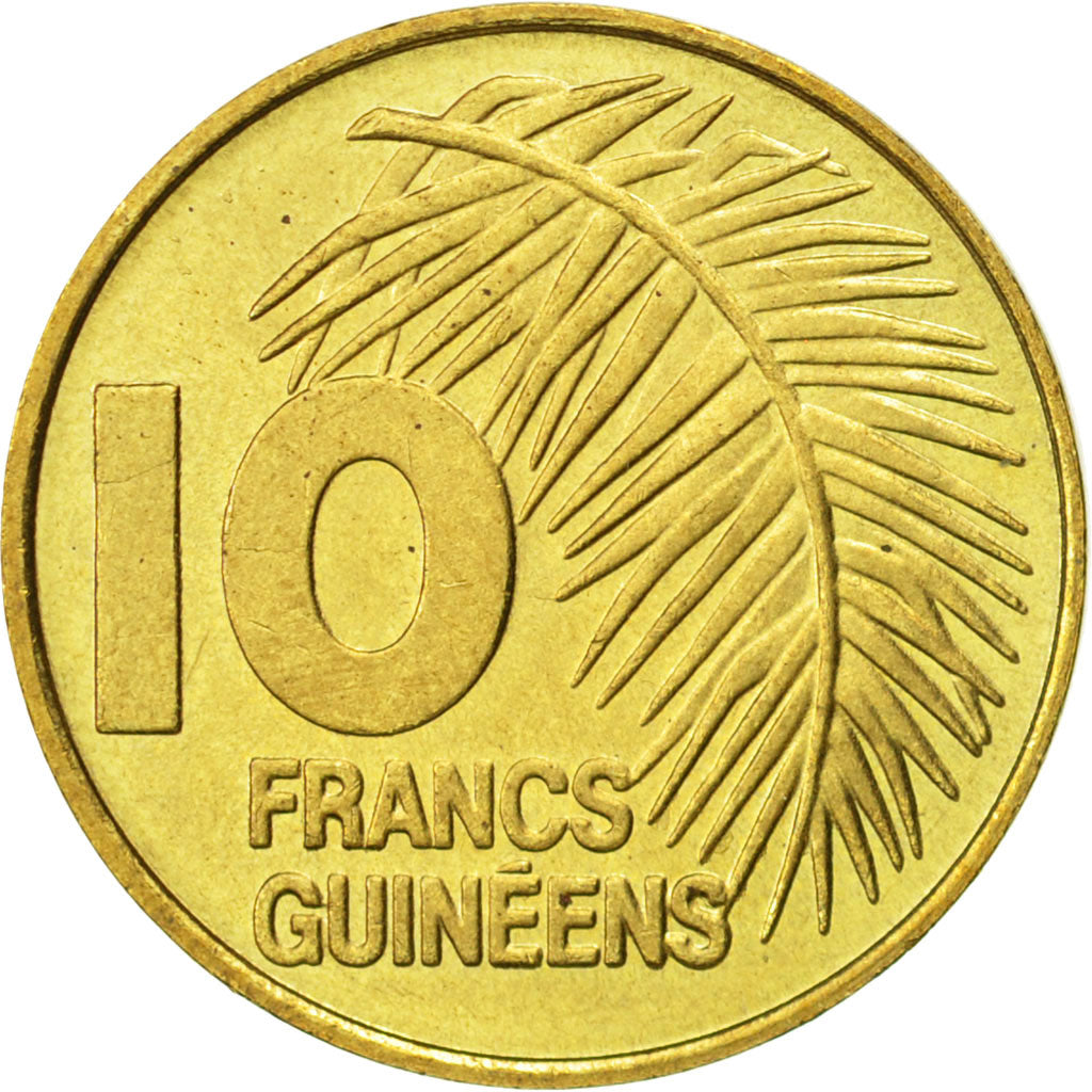 Coin, Guinea, 10 Francs, 1985, AU(55-58), Brass Clad Steel, KM:52
