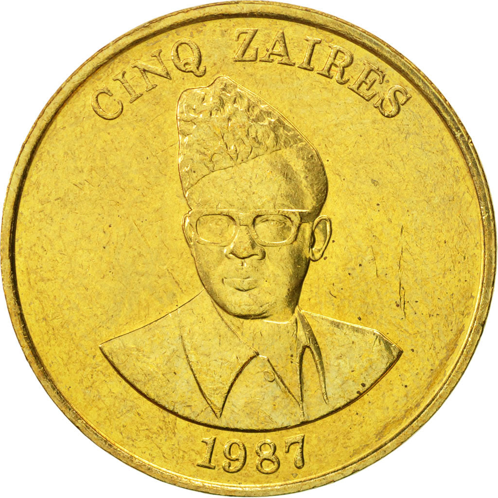 Zaire, 5 Zaïres, 1987, AU(55-58), Brass, KM:14