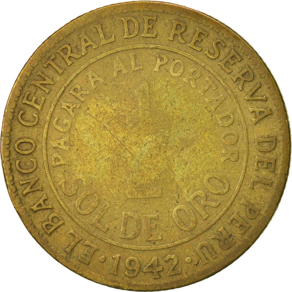 Moneda, Perú, 1/2 Sol, 1942, San Francisco, BC+, Latón, KM:220.3