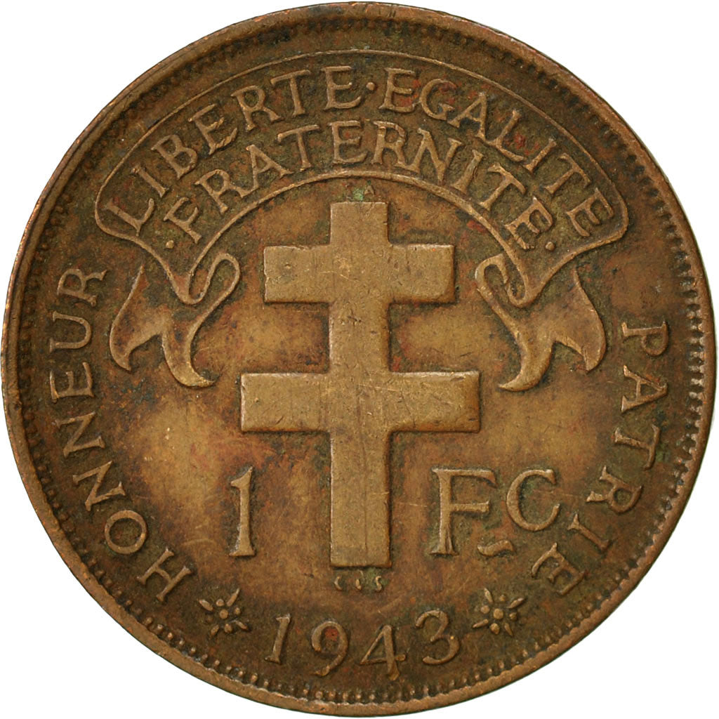 Cameroon, Franc, 1943, Pretoria, VF(30-35), Bronze, KM:5