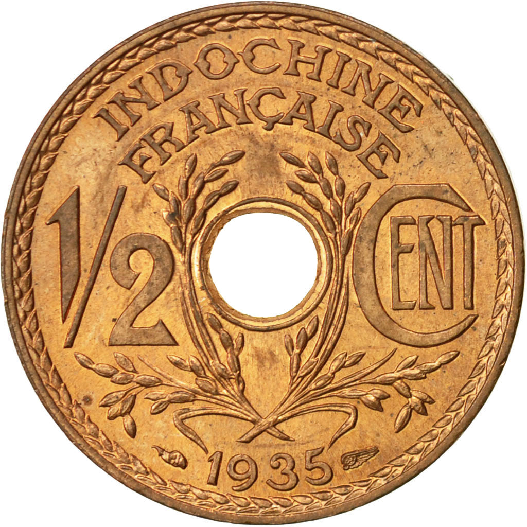 FRENCH INDO-CHINA, 1/2 Cent, 1935, Paris, MS(60-62), Bronze, KM:20