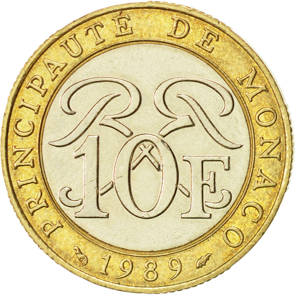 Monaco, Rainier III, 10 Francs, 1989, AU(50-53), Bi-Metallic, KM:163