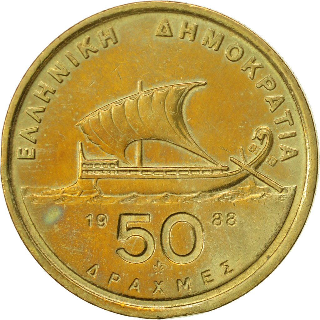 Coin, Greece, 50 Drachmes, 1988, AU(50-53), Aluminum-Bronze, KM:147