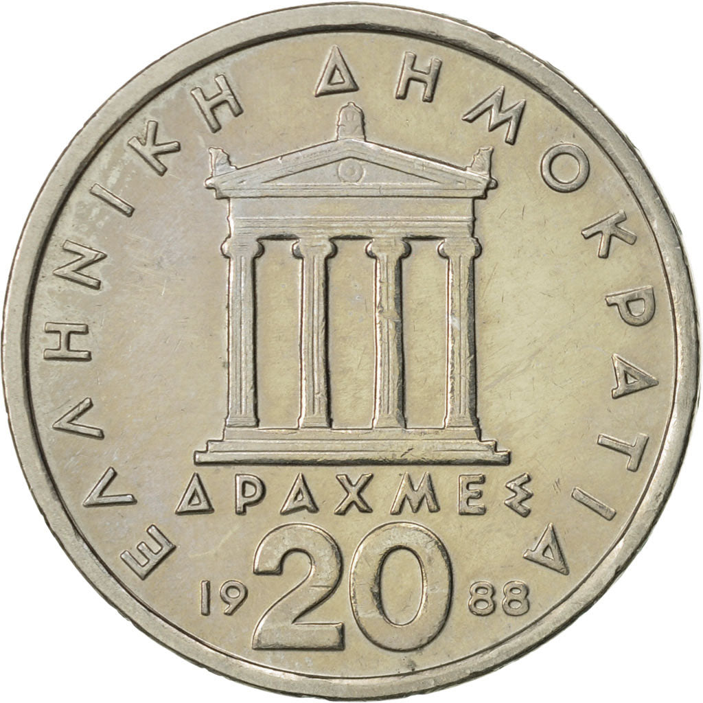 Coin, Greece, 20 Drachmes, 1988, AU(50-53), Copper-nickel, KM:133