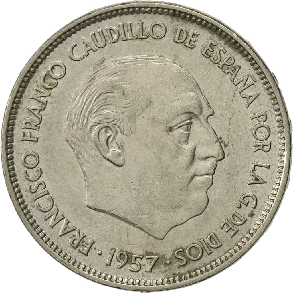 Spain, Caudillo and regent, 25 Pesetas, 1957, AU(50-53), Copper-nickel, KM:787