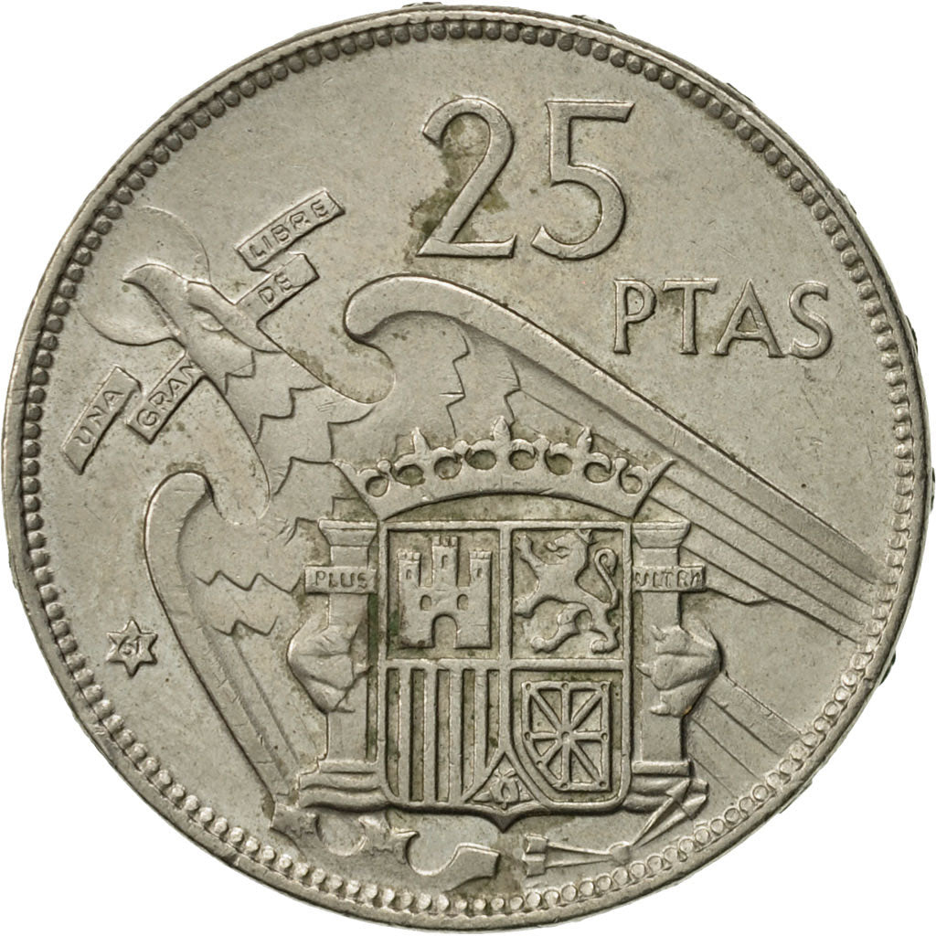Spain, Caudillo and regent, 25 Pesetas, 1957, AU(50-53), Copper-nickel, KM:787