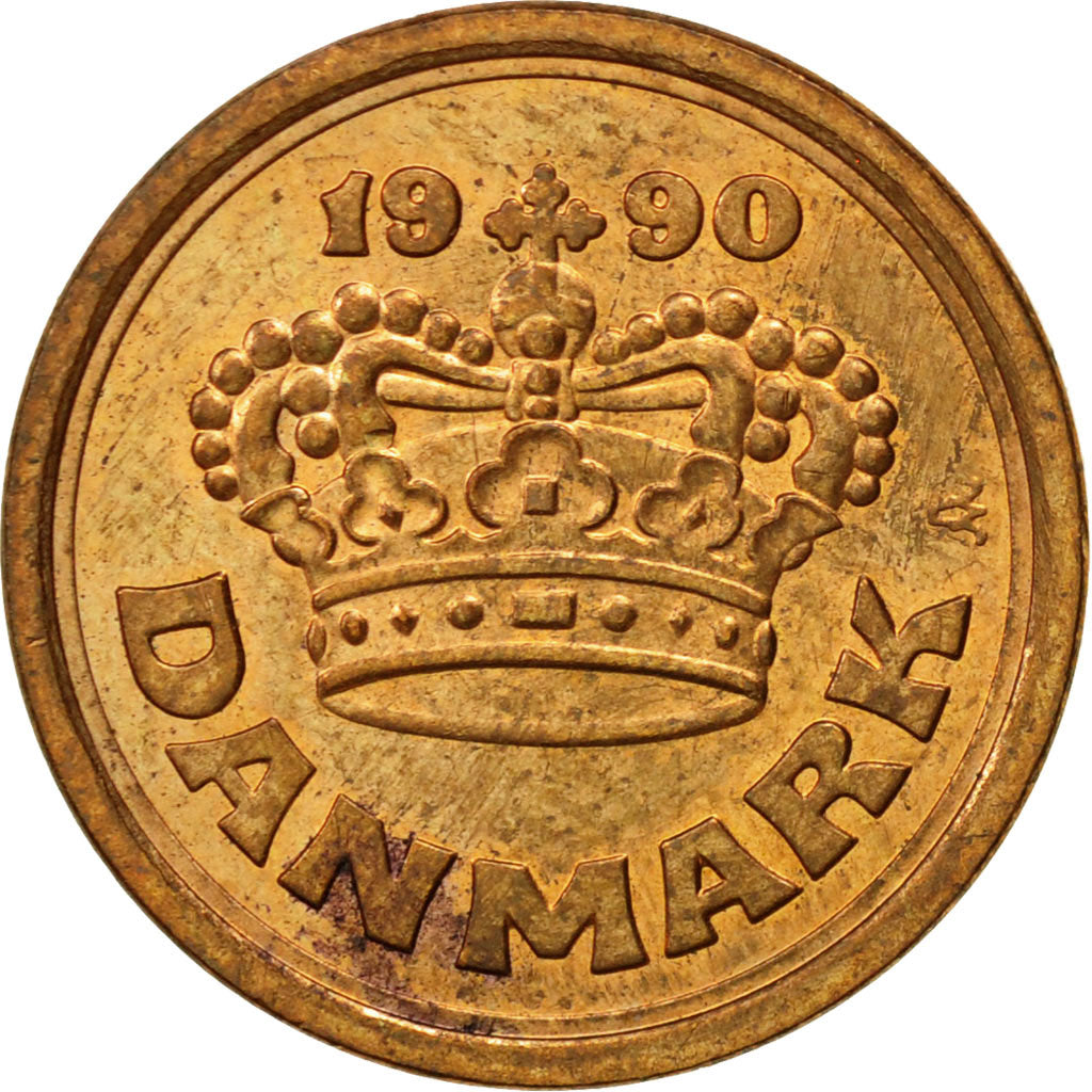 Coin, Denmark, Margrethe II, 25 Öre, 1990, Copenhagen, AU(55-58), Bronze