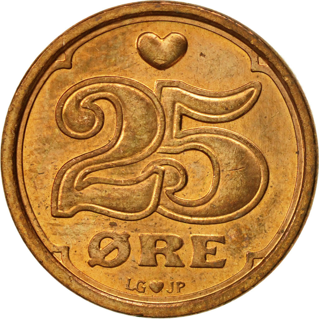 Coin, Denmark, Margrethe II, 25 Öre, 1990, Copenhagen, AU(55-58), Bronze