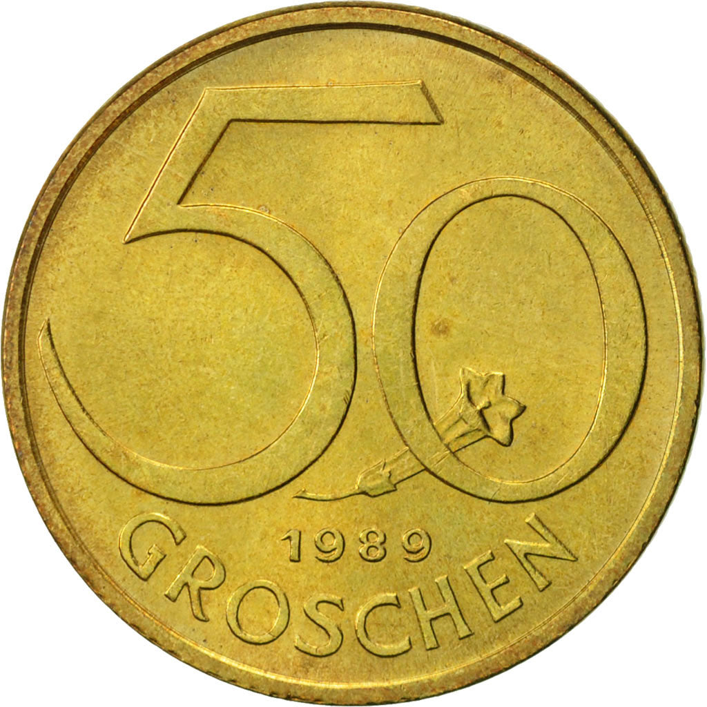 Coin, Austria, 50 Groschen, 1989, AU(55-58), Aluminum-Bronze, KM:2885