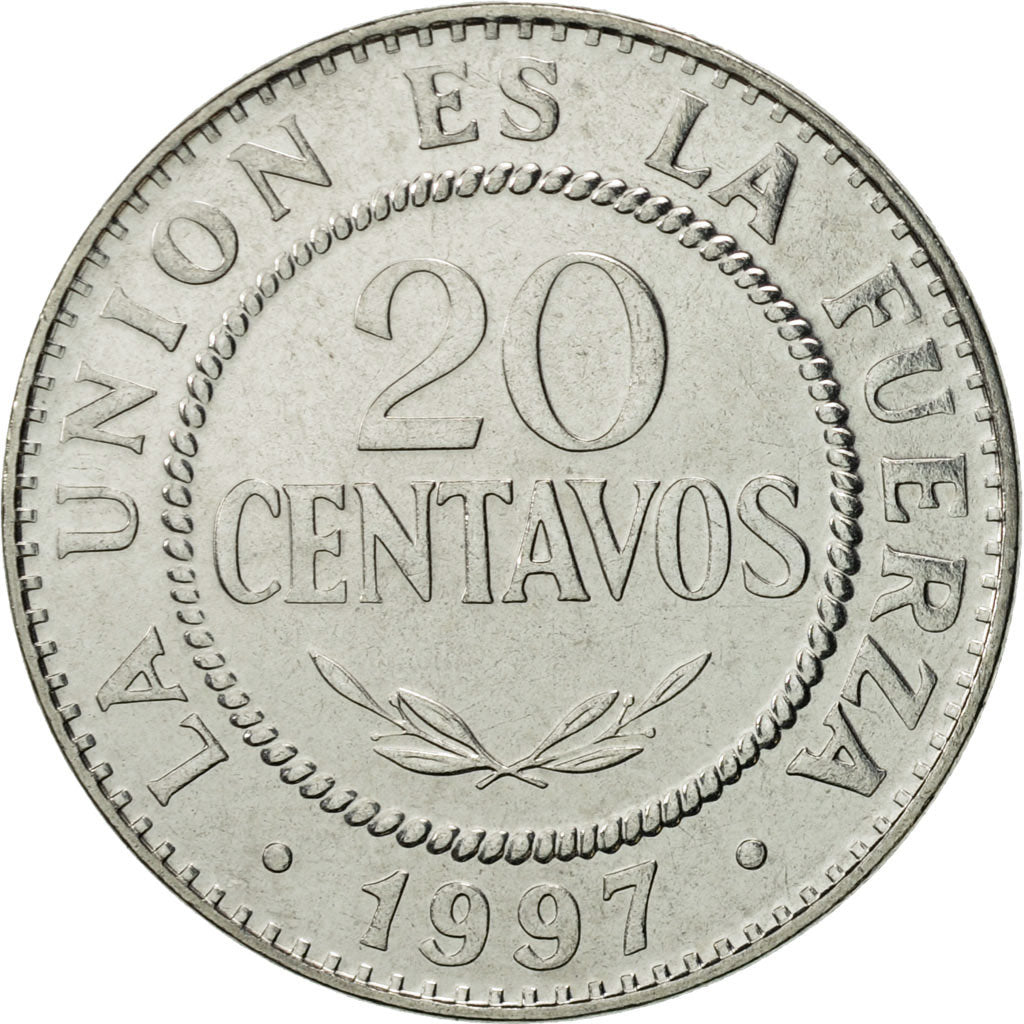 Coin, Bolivia, 20 Centavos, 1997, MS(60-62), Stainless Steel, KM:203