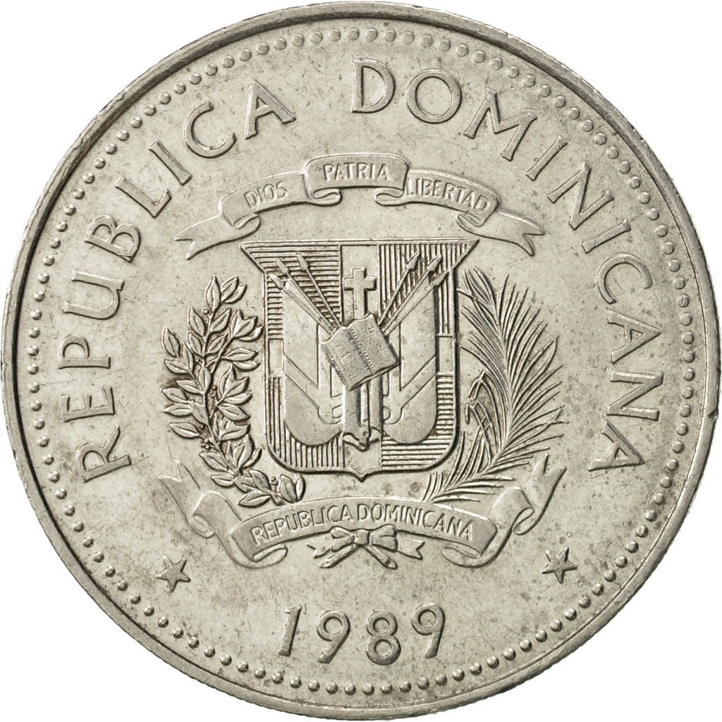 Coin, Dominican Republic, 1/2 Peso, 1989, AU(50-53), Nickel Clad Steel, KM:73.1