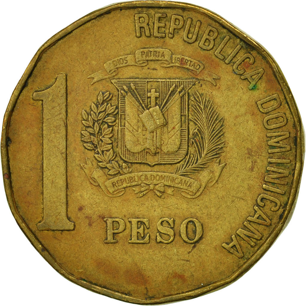 Moneta, Republika Dominikany, Peso, 1992, VF(30-35), Mosiądz, KM:80.2