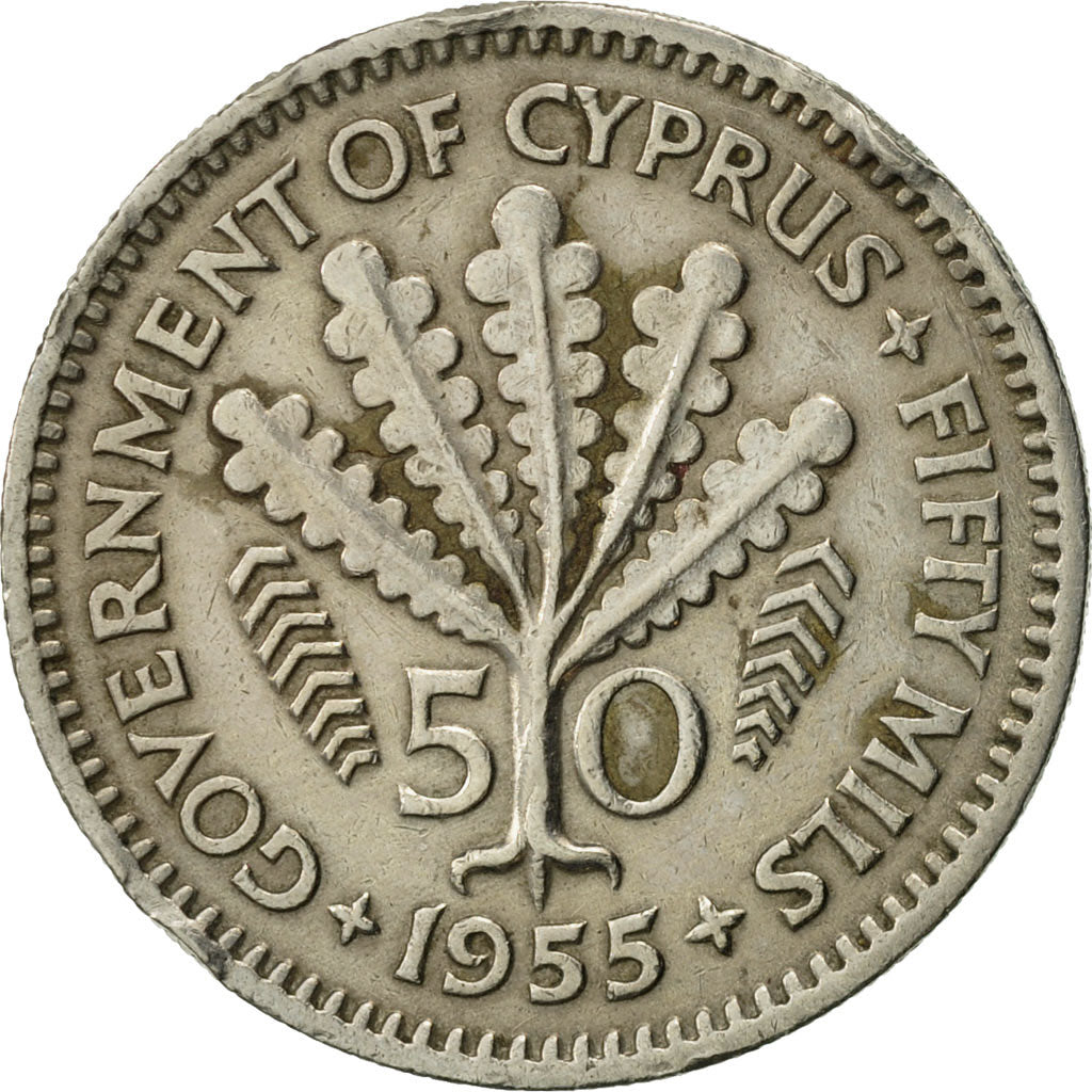 Coin, Cyprus, 50 Mils, 1955, AU(50-53), Copper-nickel, KM:36