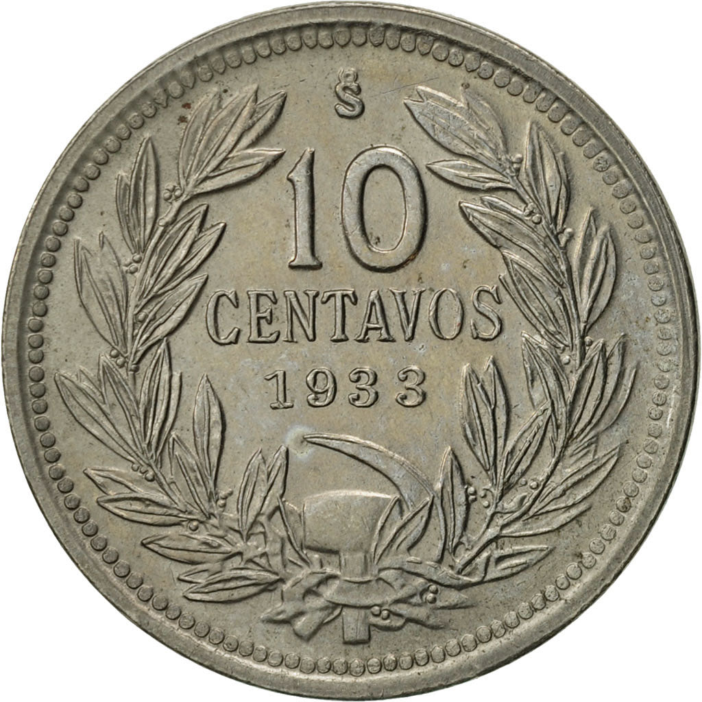 Chile, 10 Centavos, 1933, AU(50-53), Copper-nickel, KM:166