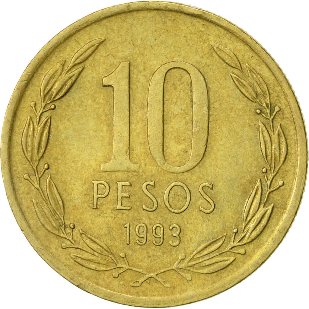 Coin, Chile, 10 Pesos, 1993, Santiago, AU(50-53), Aluminum-Bronze, KM:228.2