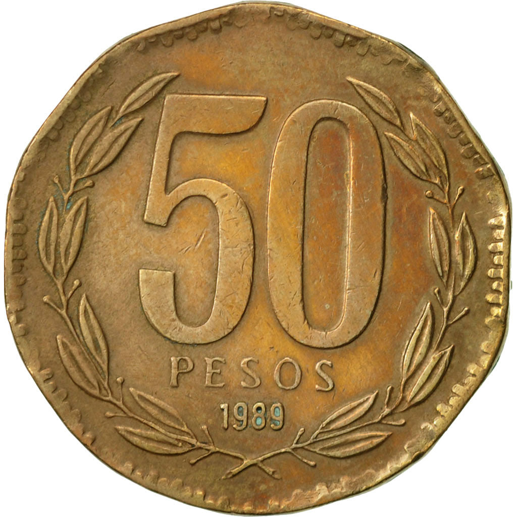 Coin, Chile, 50 Pesos, 1989, EF(40-45), Aluminum-Bronze, KM:219.2