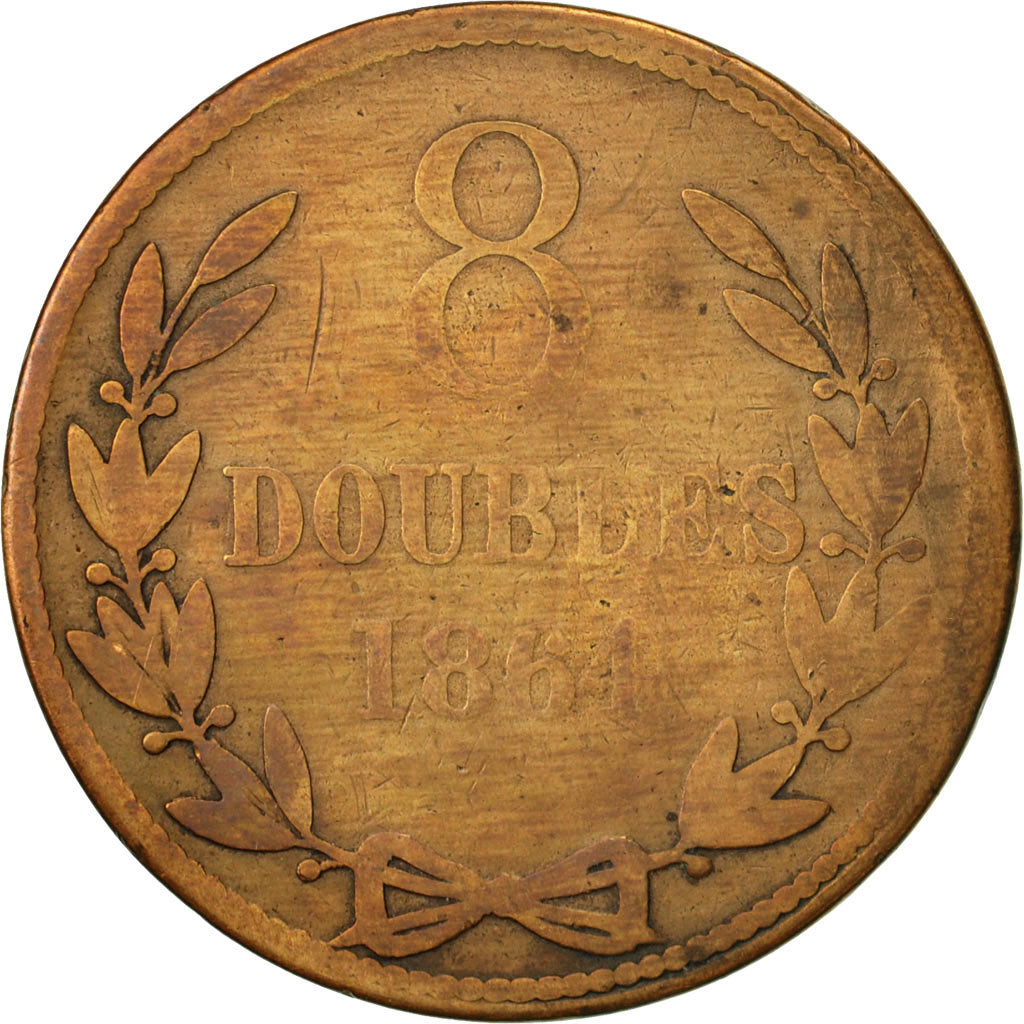 Munten, Guernsey, 8 Doubles, 1864, Heaton, Birmingham, FR, Bronze, KM:7