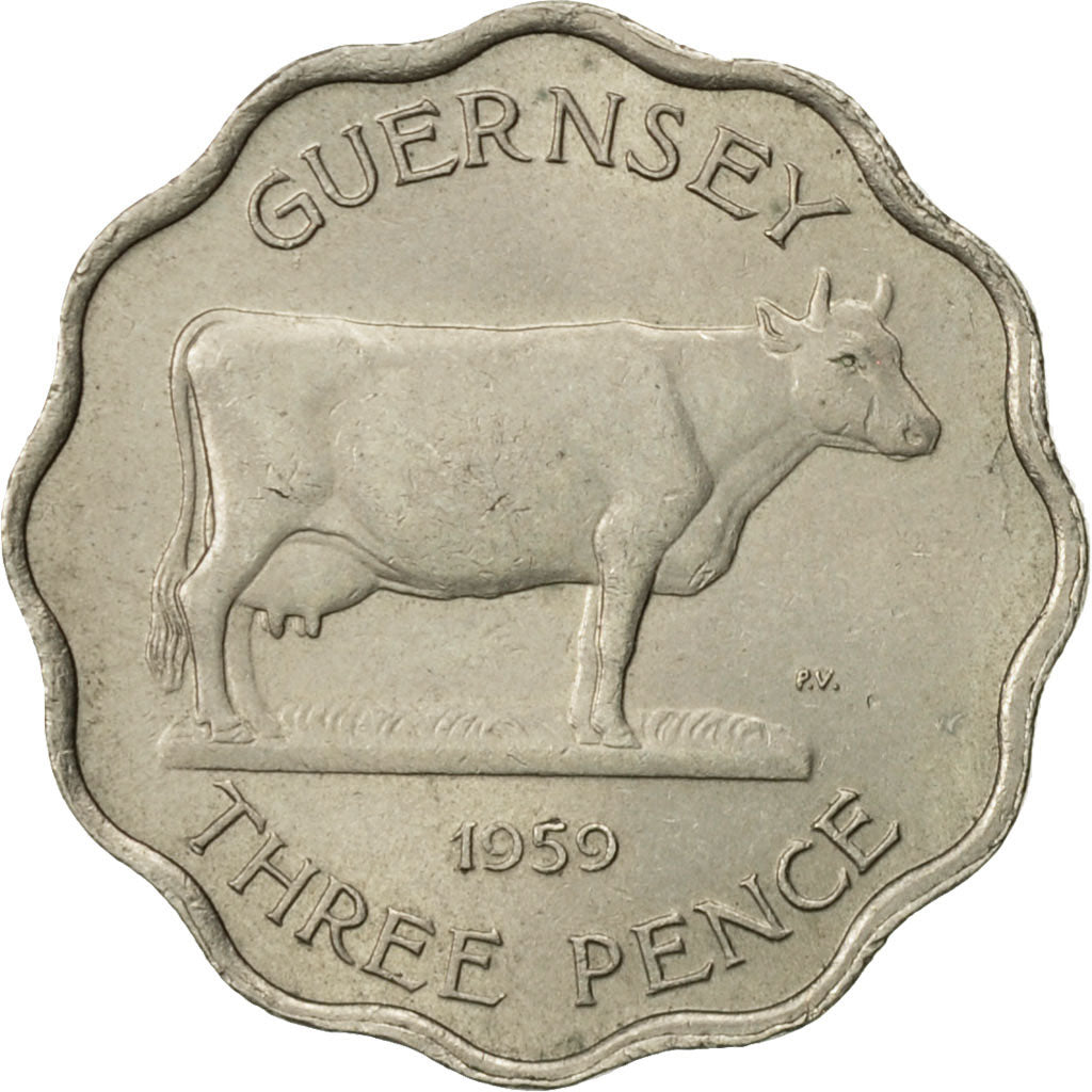 Guernsey, Elizabeth II, 3 Pence, 1959, Heaton, AU(50-53), Copper-nickel, KM:18