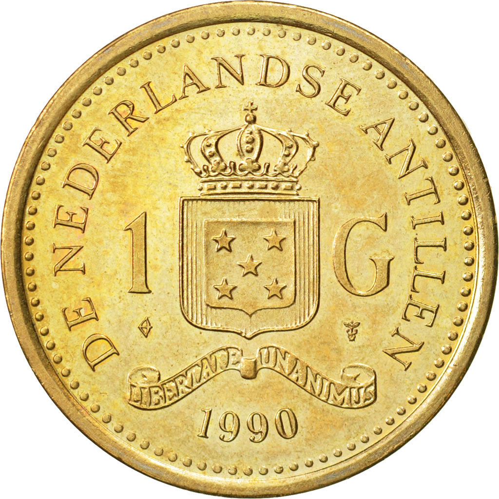 Monnaie, Netherlands Antilles, Beatrix, Gulden, 1990, TTB+, Aureate Steel, KM:37