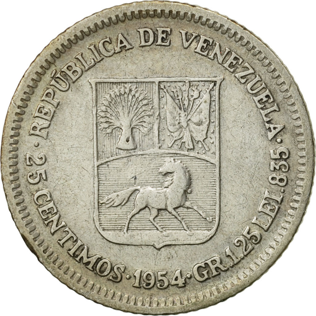 Venezuela, Bolivar, 1954, Philadelphia, EF(40-45), Silver, KM:37