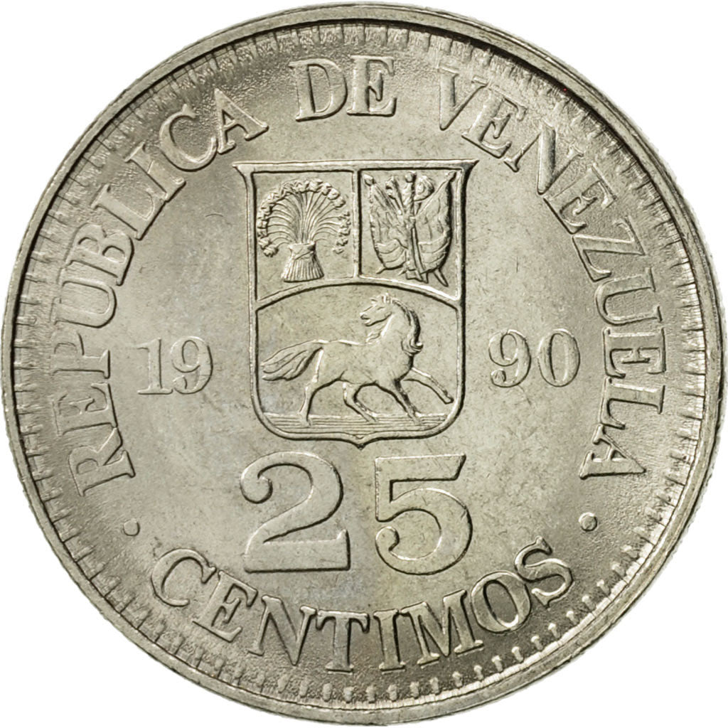 Münze, Venezuela, 25 Centimos, 1990, VZ, Nickel Clad Steel, KM:50a