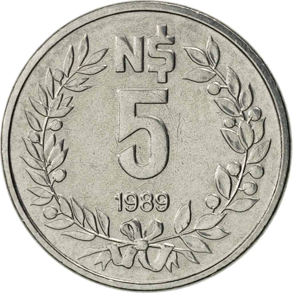 Coin, Uruguay, 5 Nuevos Pesos, 1989, Paris, AU(55-58), Stainless Steel, KM:92