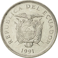 Coin, Ecuador, 5 Sucres, Cinco, 1991, MS(60-62), Nickel Clad Steel, KM:91