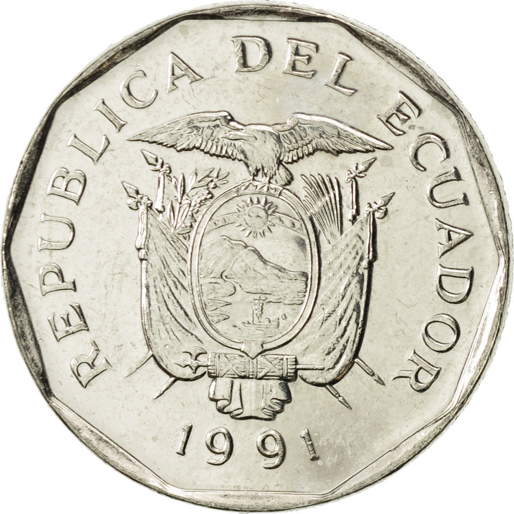 Coin, Ecuador, 10 Sucres, Diez, 1991, MS(60-62), Nickel Clad Steel, KM:92.2