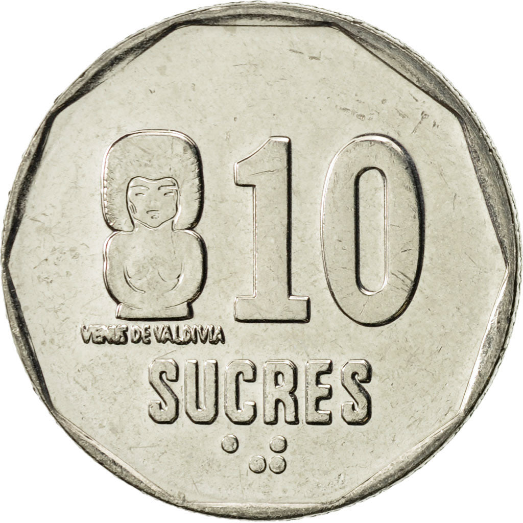 Coin, Ecuador, 10 Sucres, Diez, 1991, MS(60-62), Nickel Clad Steel, KM:92.2