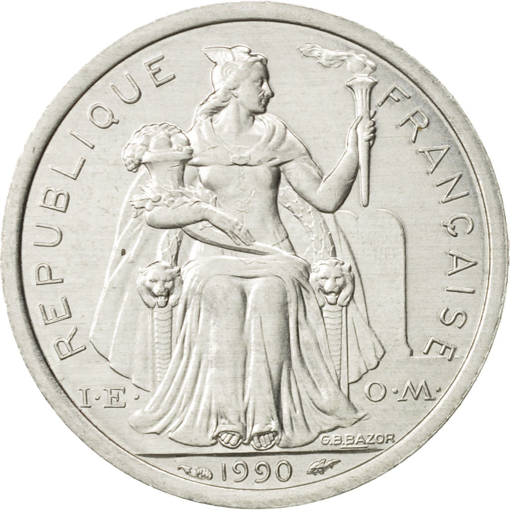 French Polynesia, Franc, 1990, Paris, MS(63), Aluminum, KM:11