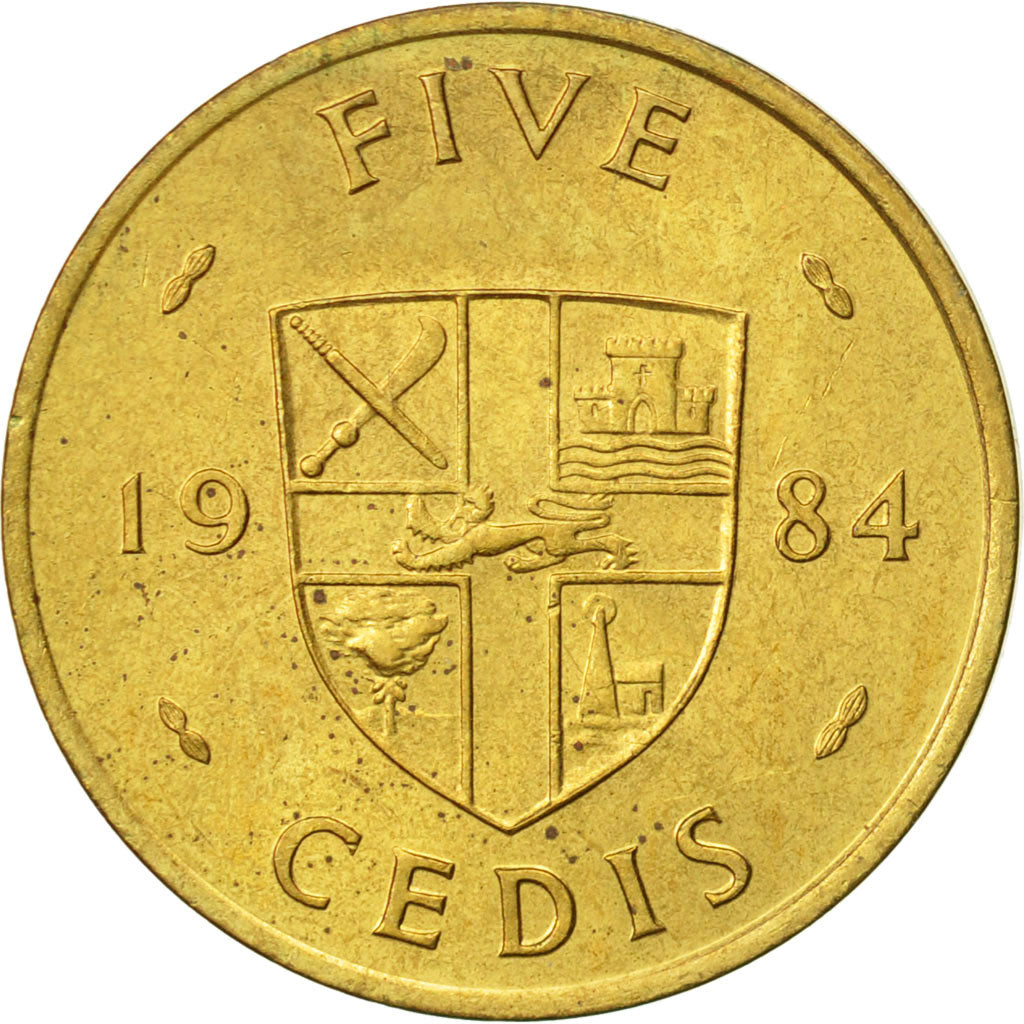 Coin, Ghana, 5 Cedis, 1984, AU(55-58), Brass, KM:26