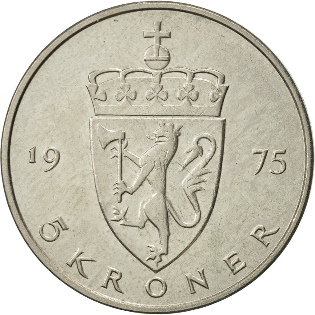 Norway, Olav V, 5 Kroner, 1975, AU(50-53), Copper-nickel, KM:420