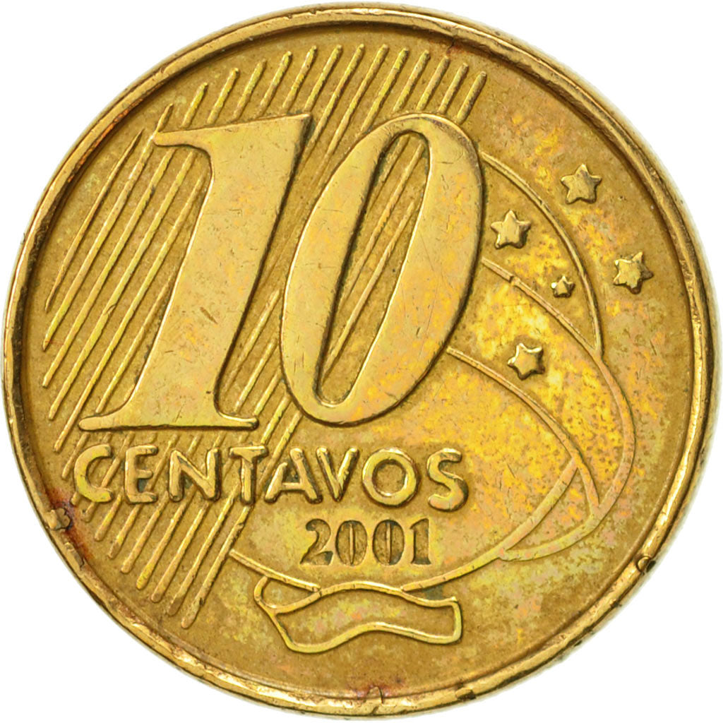 Coin, Brazil, 10 Centavos, 2001, AU(50-53), Bronze Plated Steel, KM:649.2