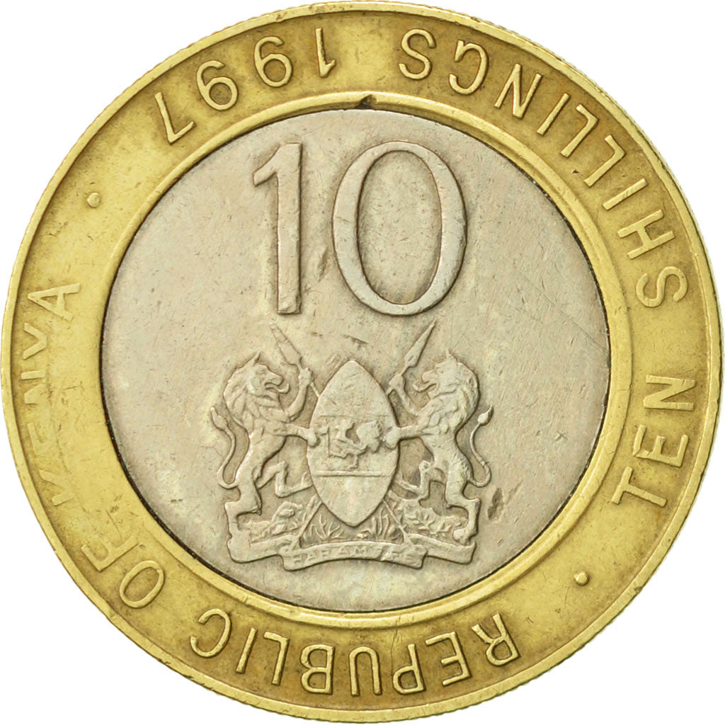 Coin, Kenya, 10 Shillings, 1997, British Royal Mint, AU(50-53), Bi-Metallic
